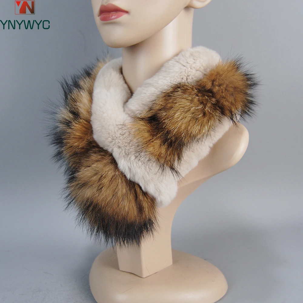 2024 New Short Style Women 100% Natural Rex Rabbit Fur Scarves Winter Warm Lady Knitted Real Raccoon Fur Rex Rabbit Fur Muffler