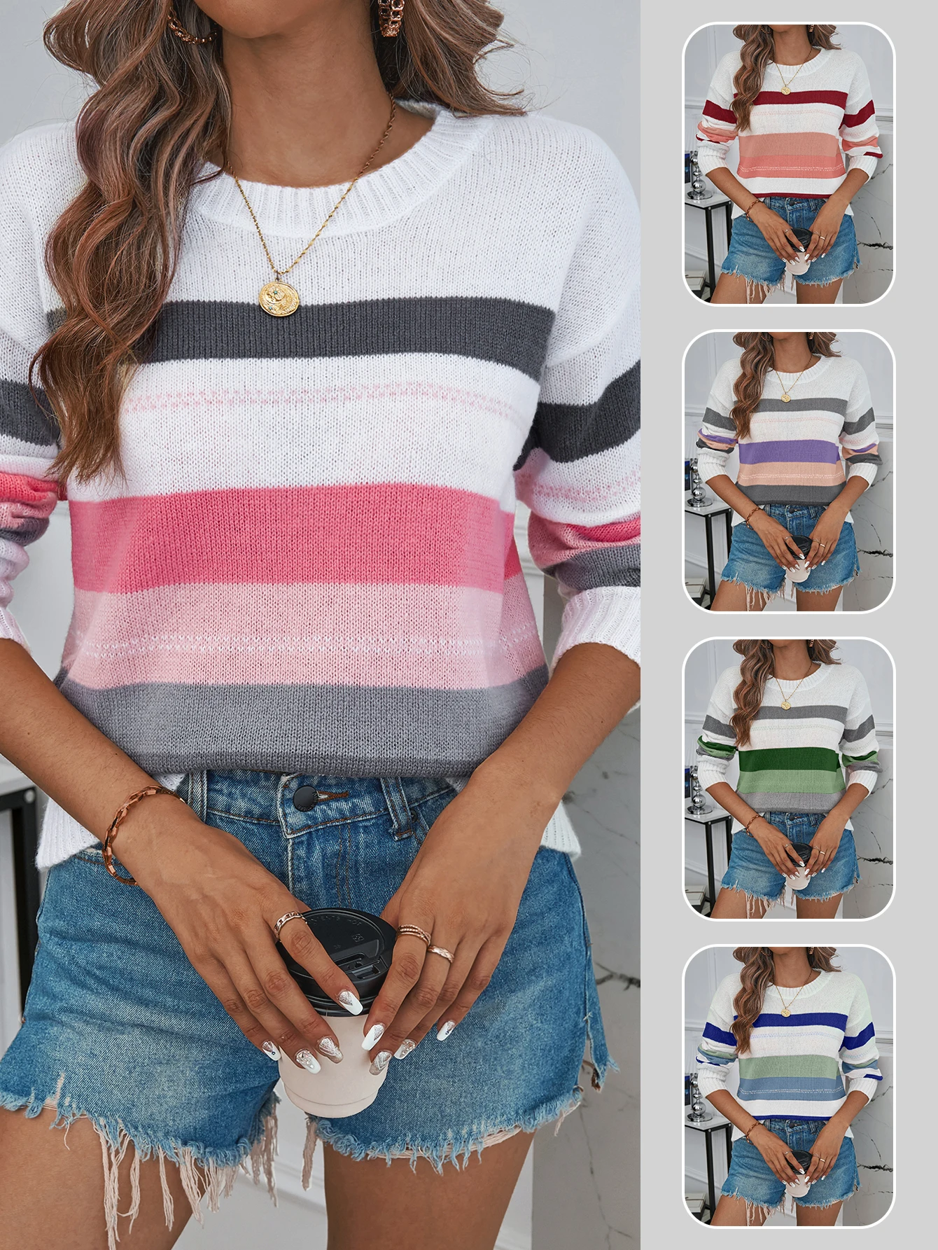 2026 Frühling Sommer Damen Gestreifter Strickpullover, Langarm Rundhals Ausgehöhlter Leichter Lässiger Locker Sitzender Strickoberteil, Da