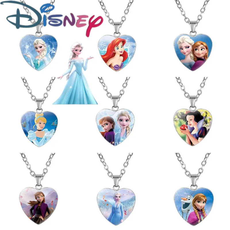 Disney Frozen Moana Tangled Aladdin Necklace Love Heart Shape Pendant Cartoon Anime Princess Accessories for Girl Birthday Gifts