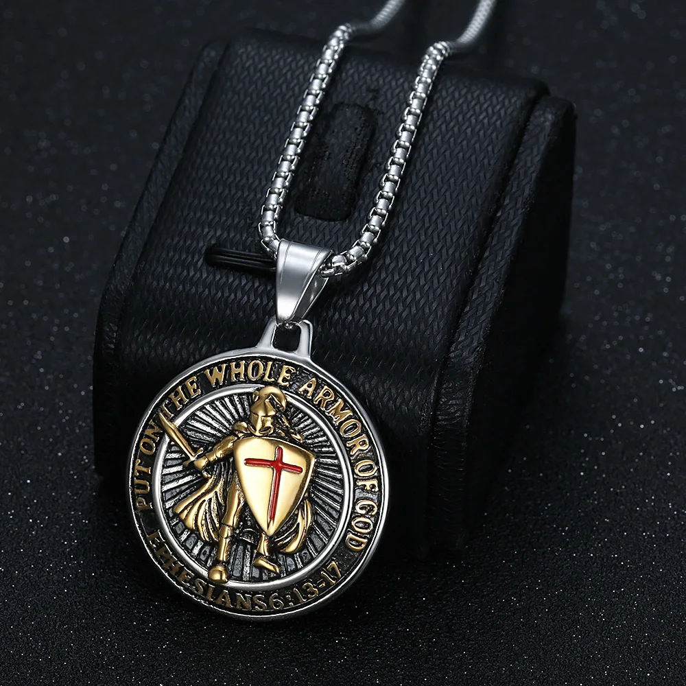 Vintage Gold Color Sword Knight Pendant Necklace Men's Stainless Steel European Medieval Templar Warrior Necklaces Biker Jewelry