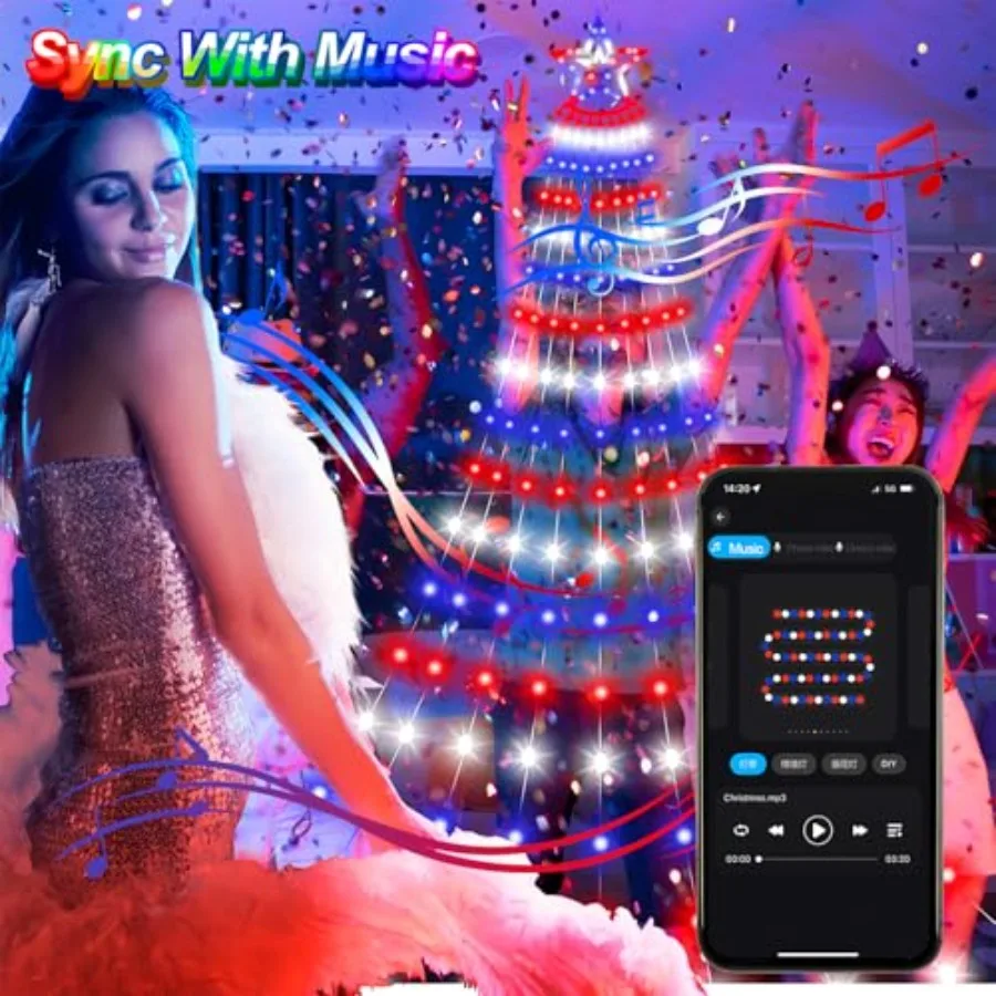 Smart 4th of July Decorations Lights, 18Feet LED Large DIY Red White Blue Waterfall Tree Lights with Remote Timer Light Music S - view 5