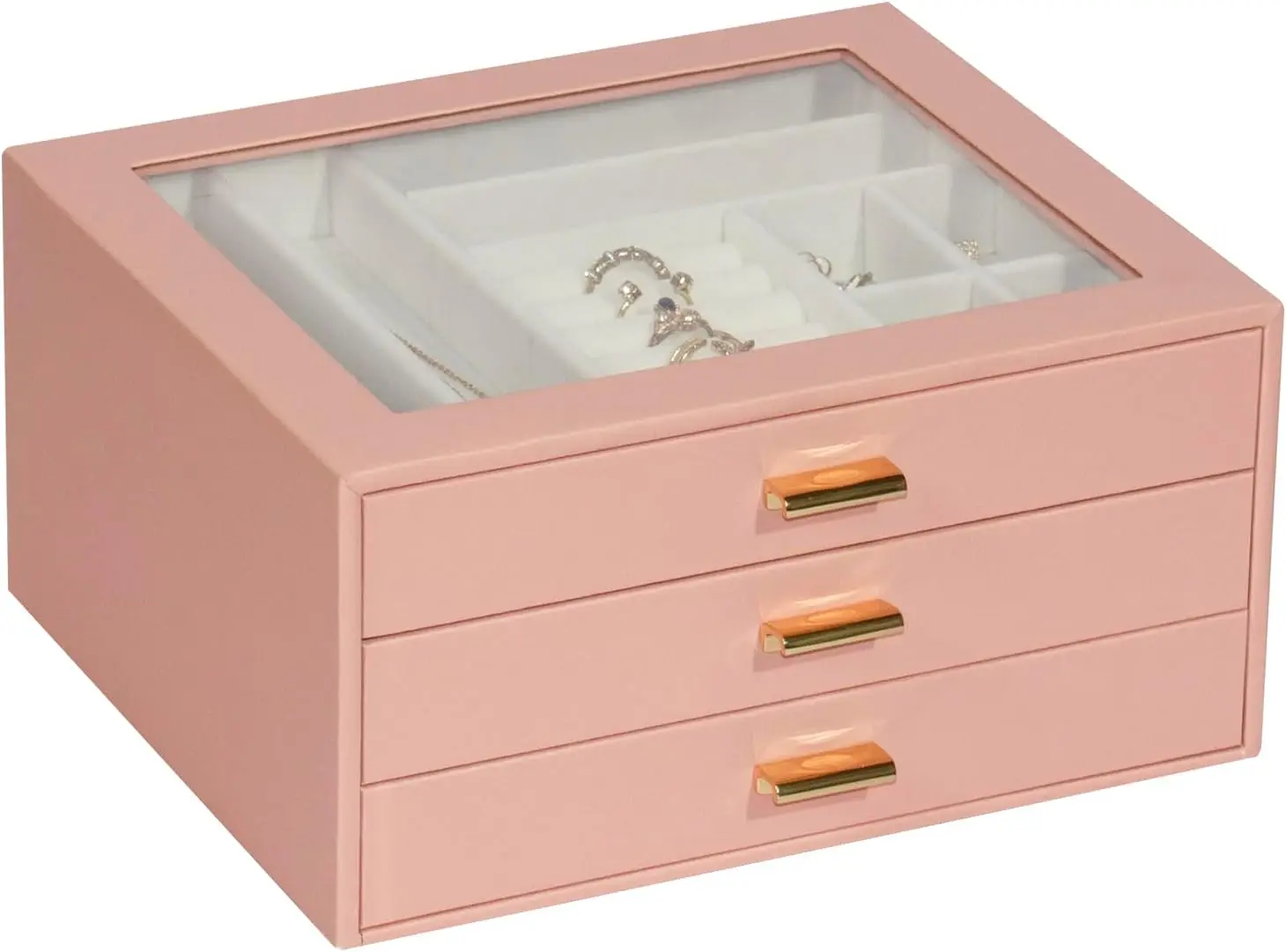 

Jewelry Box Organizer with 3 Drawers,Glass Lid Jewelry Boxes for Women,Jewelry Storage for Rings,Necklaces,Earrings,Brac