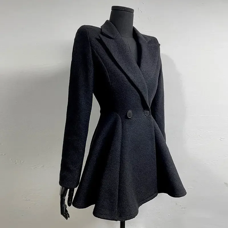 French Style Waist Slimming Woolen Suit New Korean Fashion Commuter Slim Fit Black Mid Length Woolen Suit Coat Women Clothing