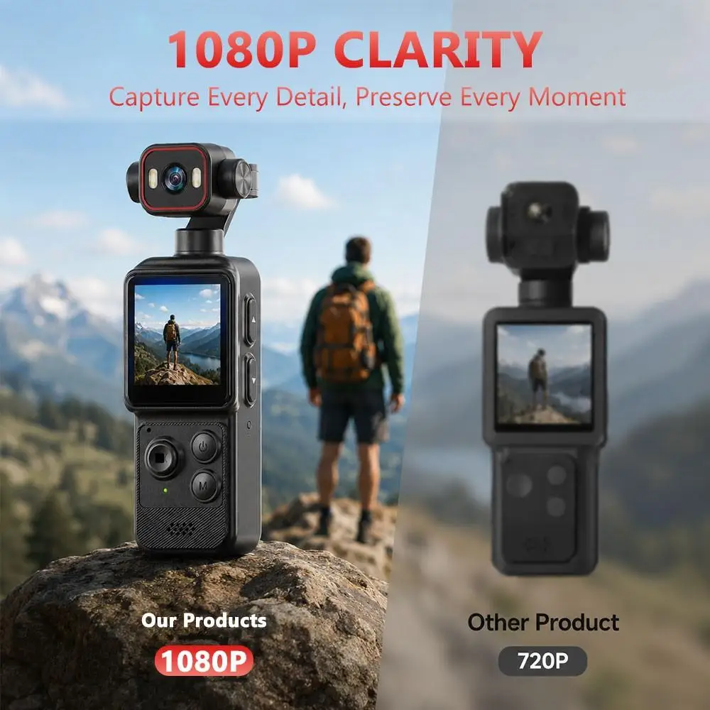 1080P Vlogging Camera, Pocket Camera, 180° Rotating Lens, WiFi Video Camera, 1.54