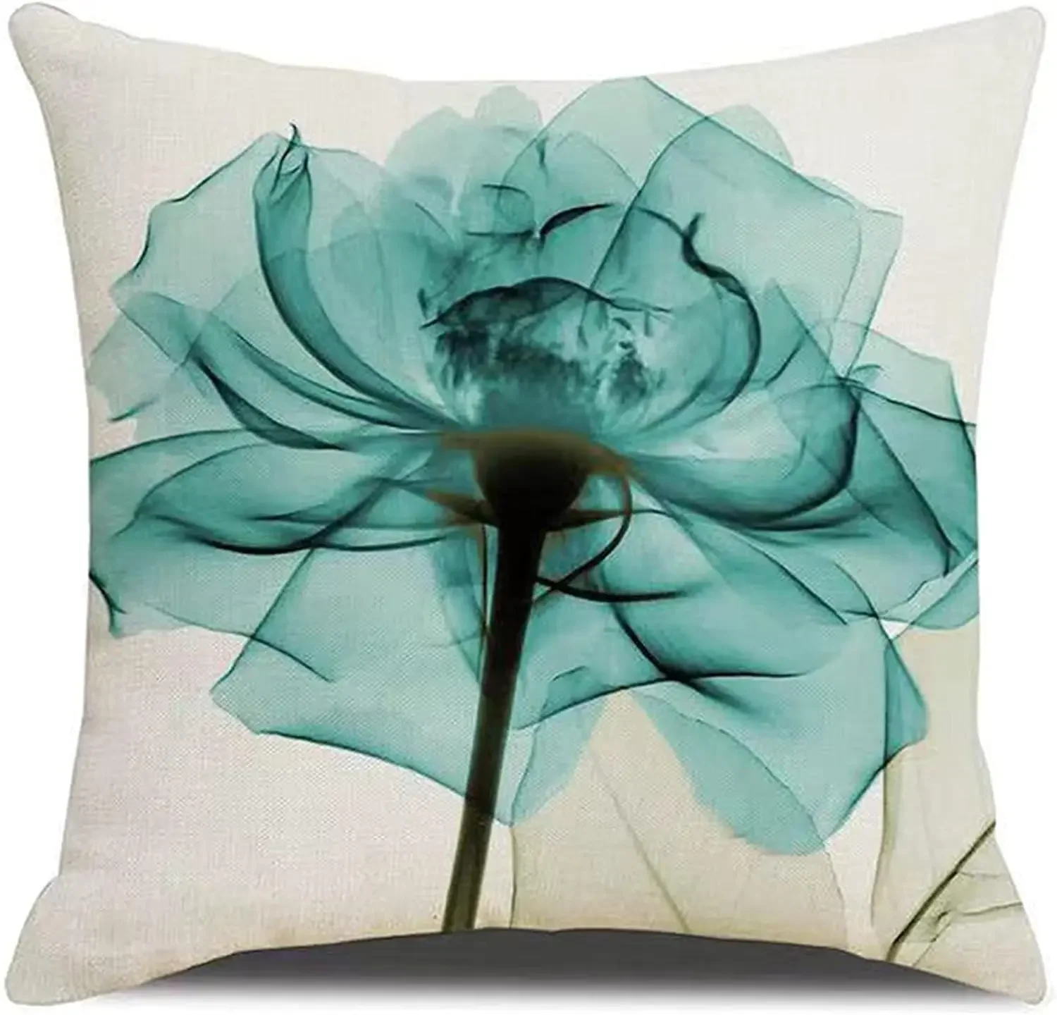 blue Floral Decorative Linen Pillow Cases with Invisible Zipper 45 x 45 cm Cushion Cover, for Living Room Chair Sofa