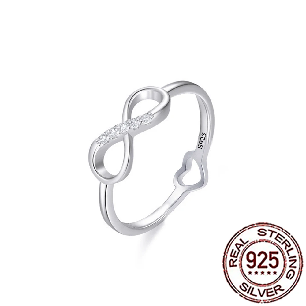 

QooLady S925 Sterling Silver Unique Double Sided Love Heart and Infinity Symbol Rings for Women CZ Wedding Party Jewelry SR066