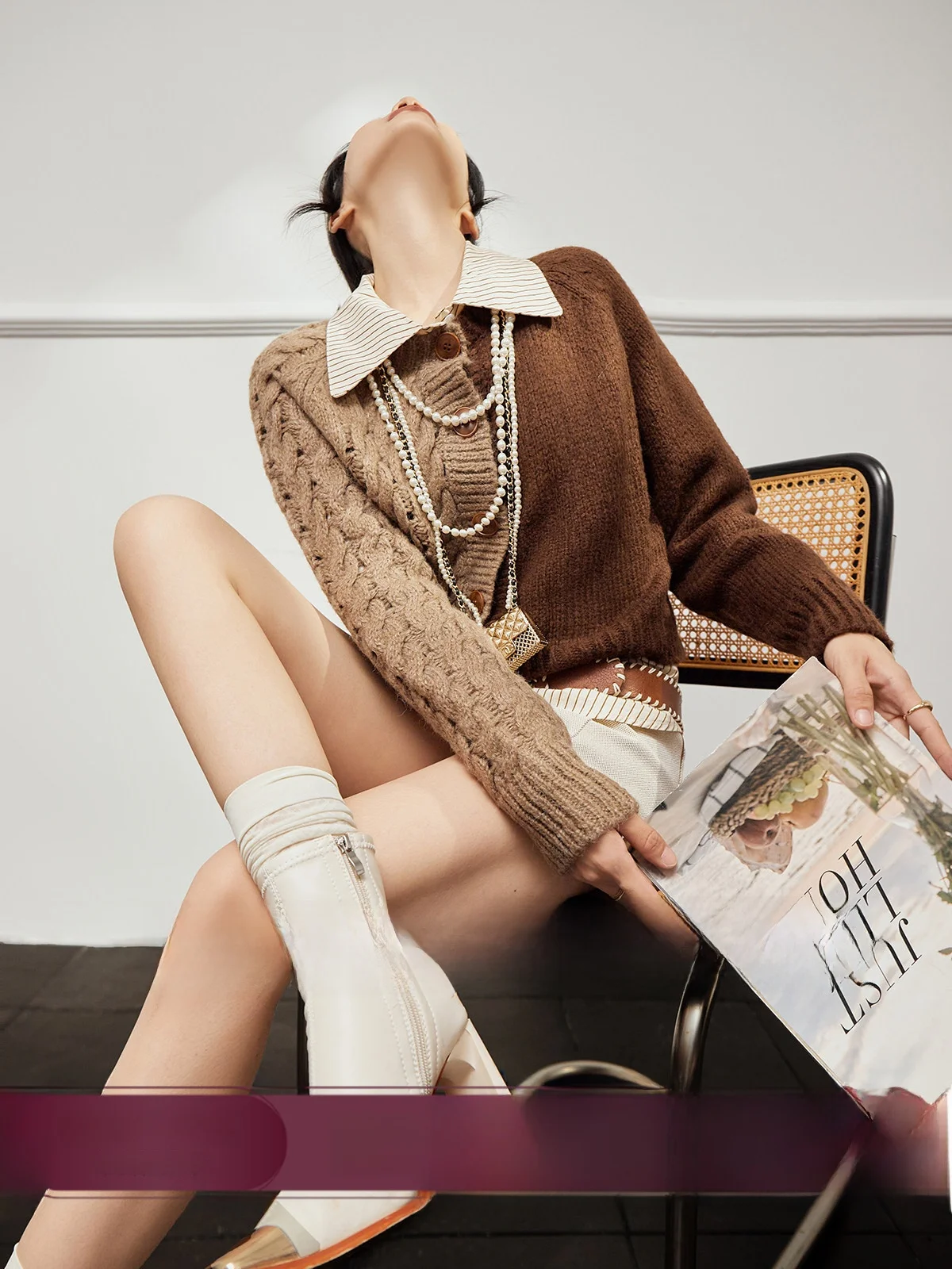 

Brown ort Svel Sweater Women's round Ne Splicing Open Cardigan Uncle Commute Sle Slim Fit Long Sve Po...