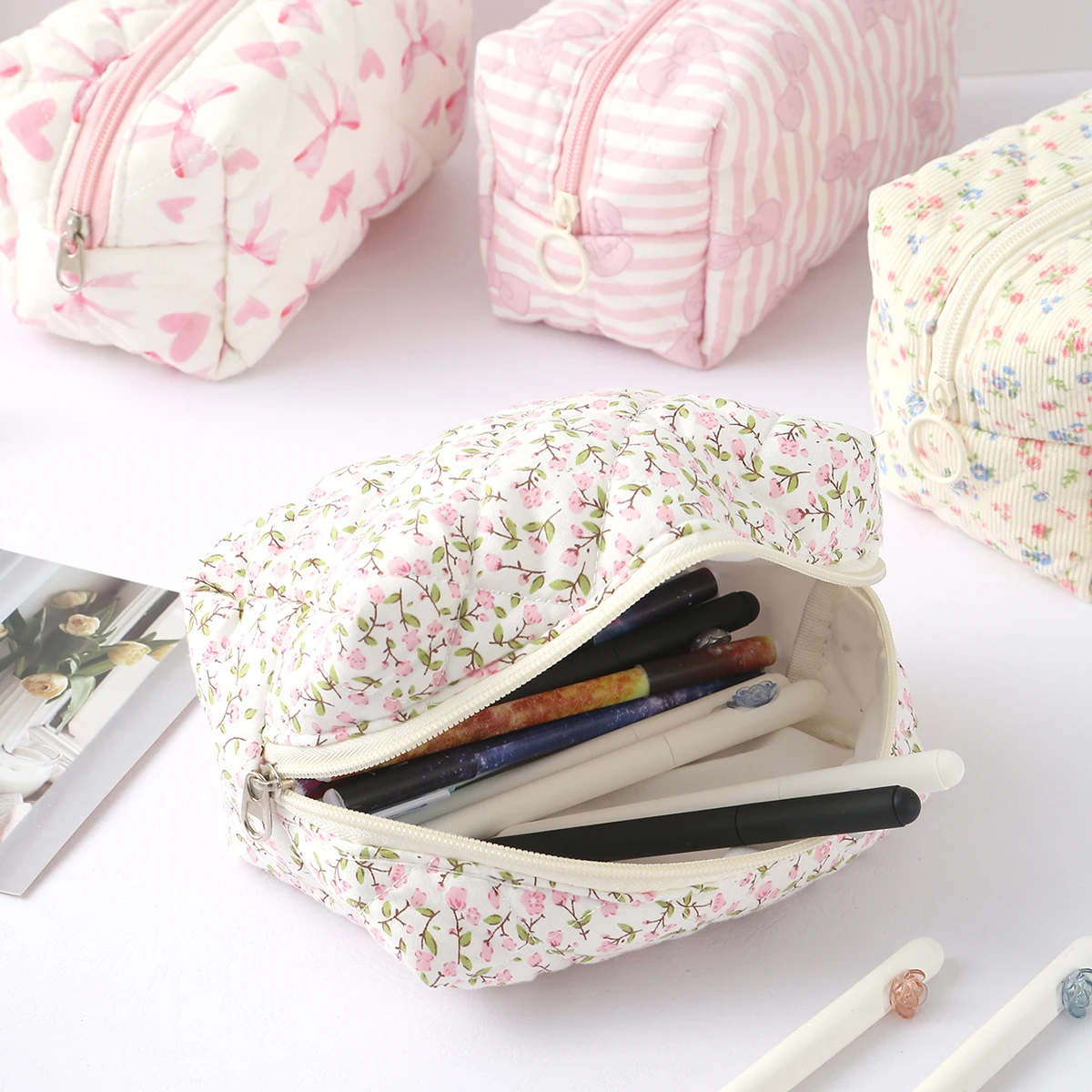1 PC Exquisite Bowknot Single-Layer Pencil Case, Floral Pattern Design Storage Bag, A Must-Have for Back to School Season image 4