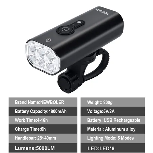 Imagen 2 del producto NEWBOLER 5000LM inductio inteligente bicicleta luz MTB lámpara frontal USB recargable 6 LED 4800mAh bicicleta luz impermeable faro