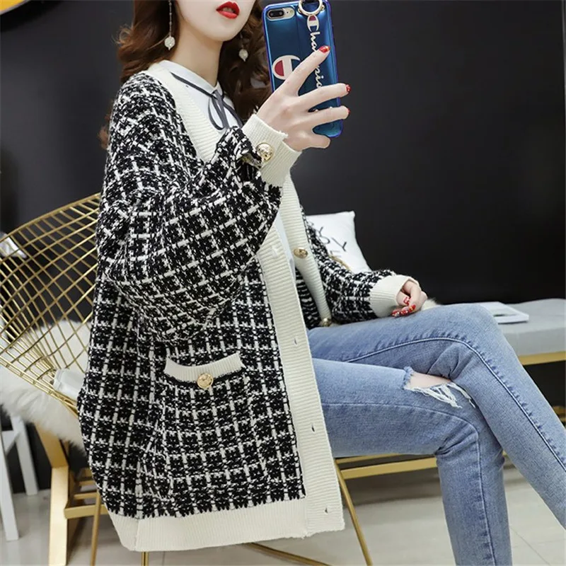 Fashion V-Neck Pockets Bright Silk Plaid Cardigan Sweaters Female Clothing 2024 Autumn Winter New Loose Knitted Casual Tops