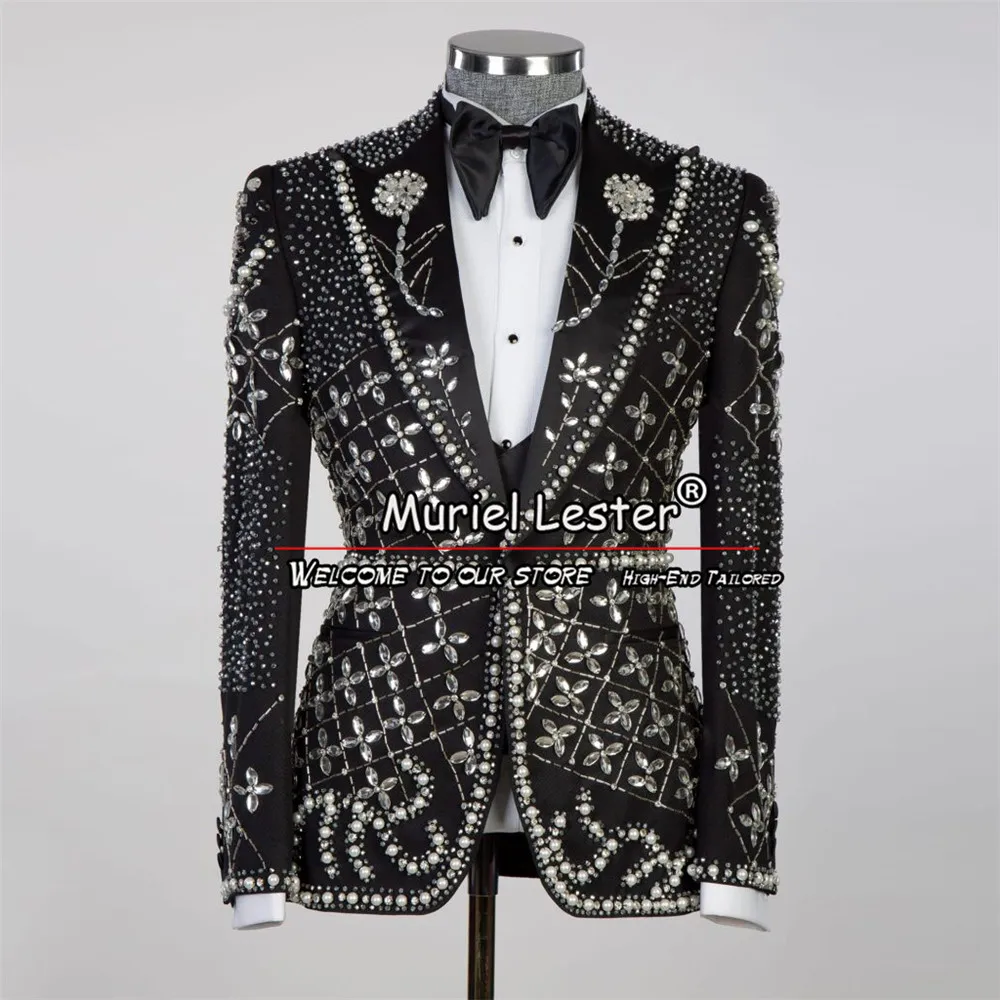 Black Suits Men For Wedding Handmade Sliver Beading Jacket Vest Pants 3 Pieces Bridegroom Tuxedos Plus Size Boyfriend Party Prom