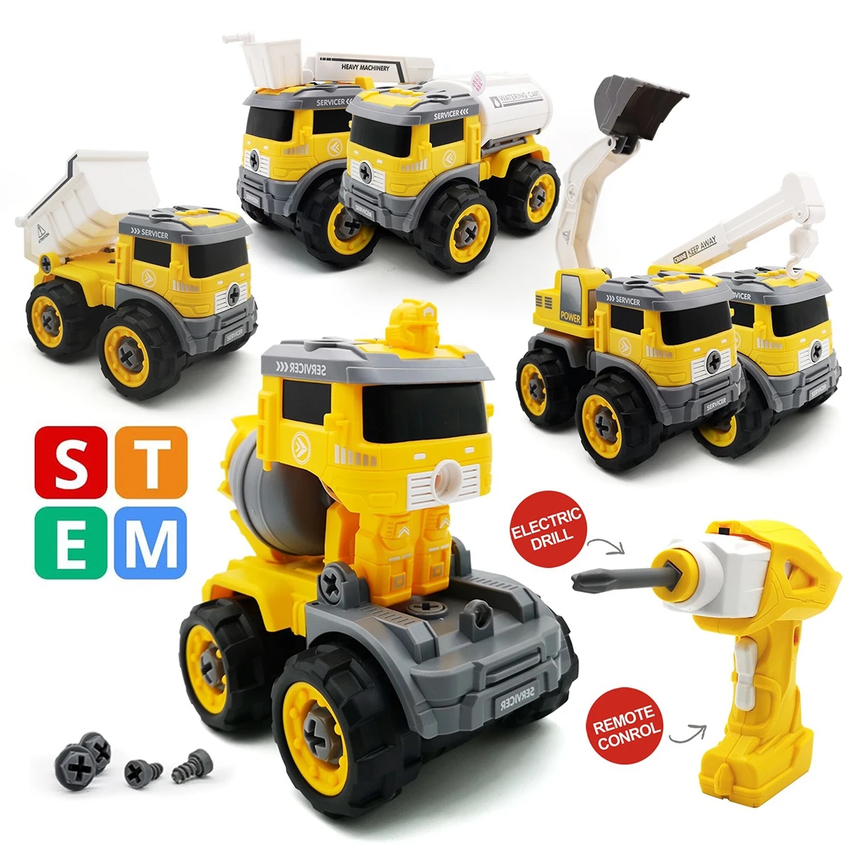 

QUN FENG Toy Trucks with Electric Drill Take Apart Toys 6 in 1 Dump Trucks Excavator Toy Transformer Remote Control for 3 years