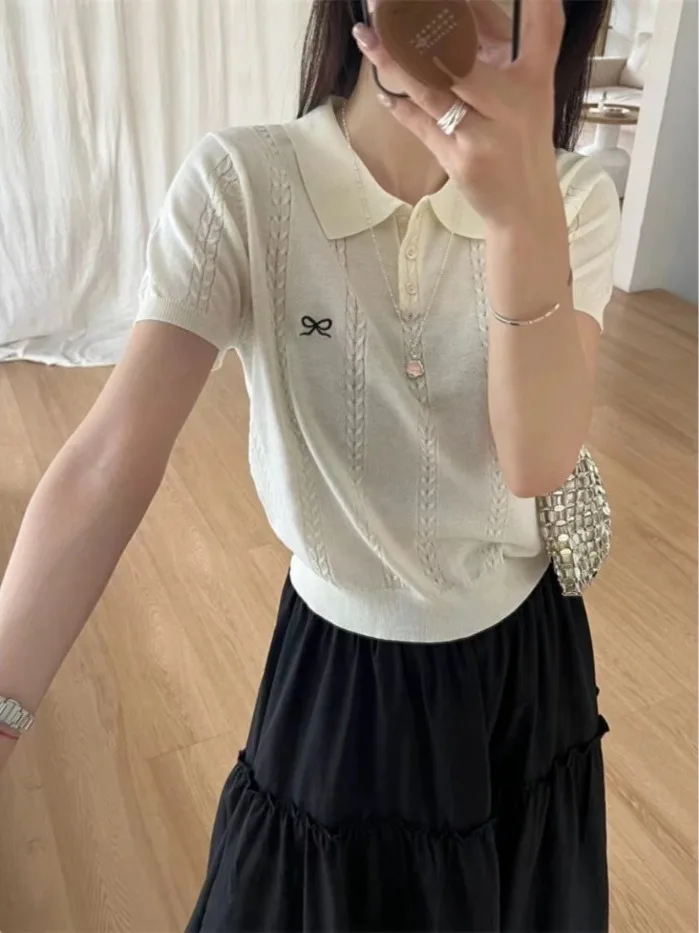 

Korean Style Women's Short Sleeve Knitted Neck Top Embroidered Knot Summer Thin Design Twist Body Shirt