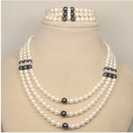 

beautiful Three rows 7-8mm white freshwater cultured pearls necklace Bracelet set