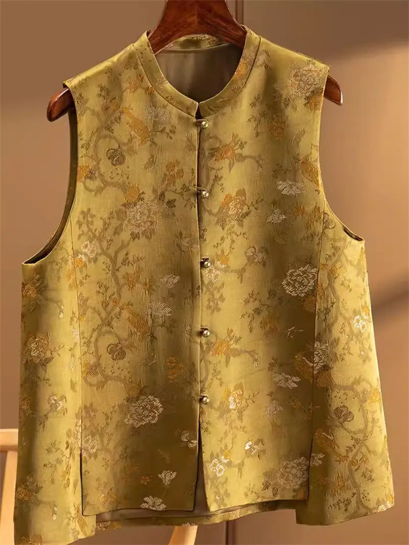 

High End Heavy Industry Jacquard Satin Vest For Women's Spring Summer 2024 Chinese Style Improved Tang Jacket Waistcoat k1243