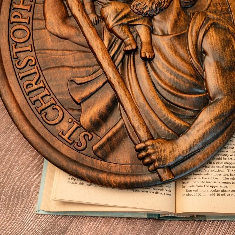 Vintage St. Christopher Wood Carving Plaque, Patron Saint Statue Sculpture Home Wall Decor