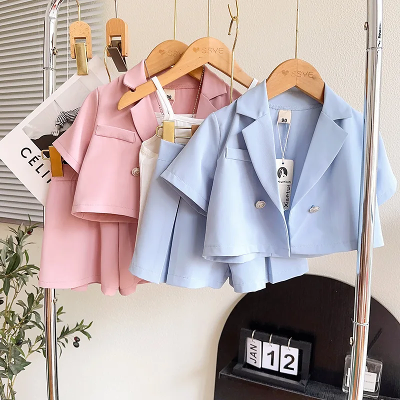 Fashionable and Trendy Summer New Simple Three Piece Suit Jack Vest Shorts Pure Color Set Girl Summer Cute Sweet Clothes