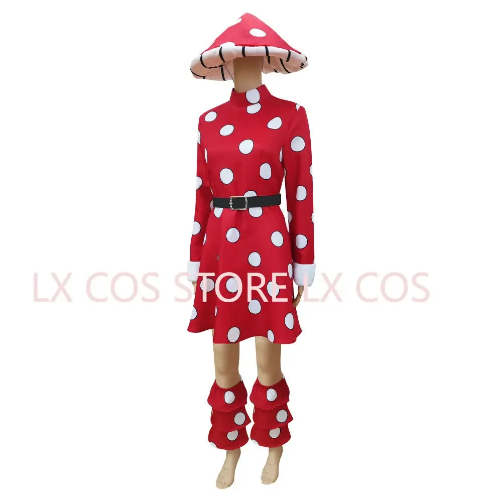 Disfraz de Cosplay de Anime Kinoko Komori para hombre y mujer, Vestido de punto de onda roja, sombrero de hongo, cinturón negro, traje de Halloween para adultos