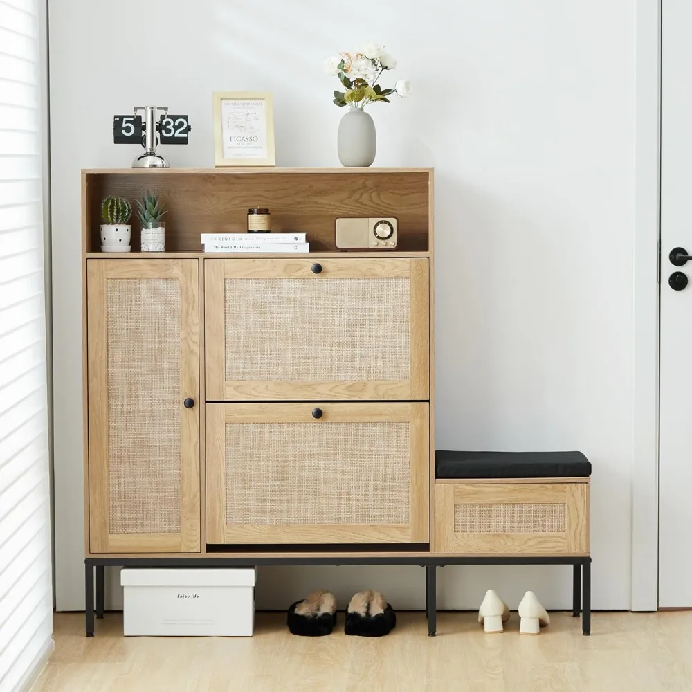 

Shoe Cabinet, Large Shoe Storage Cabinet with 2 Flip Drawers and Shoe Bench, Organizer Cabinet for Living Room, Entryway