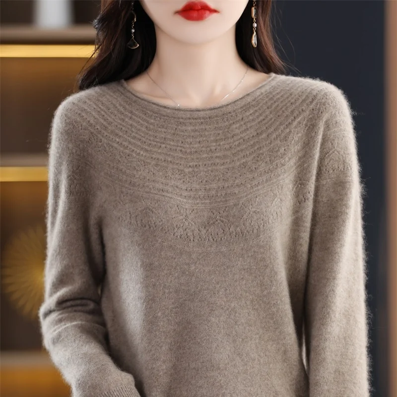 2023 Autumn New 100% Pure Wool Knitted Pullover Women\'s O-Neck Long-Sleeved Sweater Female Fashion Hollow Out Women\'s Shirt