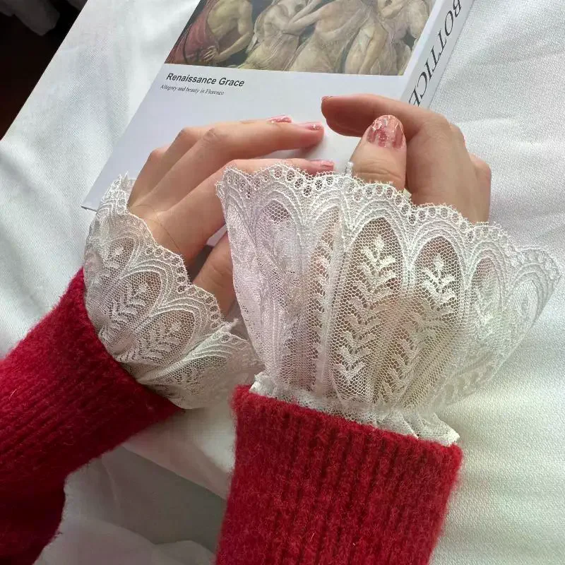 1 Pair Versatile Elegant Fake Cuffs Embroidery Pattern Detachable Lace Sleeves Solid Color Thin False Cuffs For Women