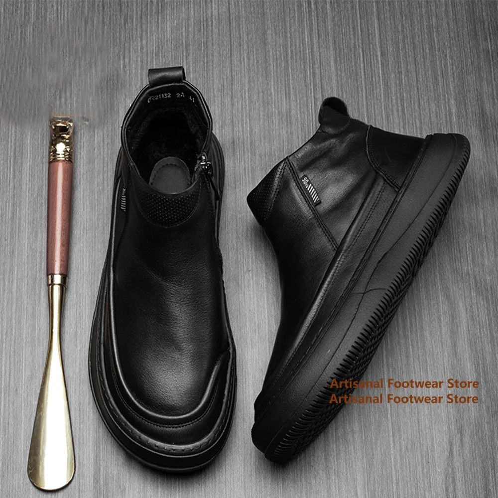 

Black Leather Men's Boots Thick Soled Side Zipper Soft Leather Booties High Top Leather Shoes New In Trendy Handmade Men's Shoes