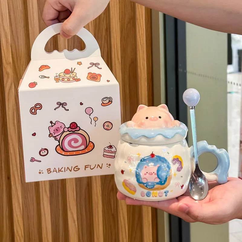 Cute Mug Girl Pig Ceramic Drinking Cup Lid and Spoon High Appearance Level Girl Coffee Cup Home and Office Ceramic Drinking Cup