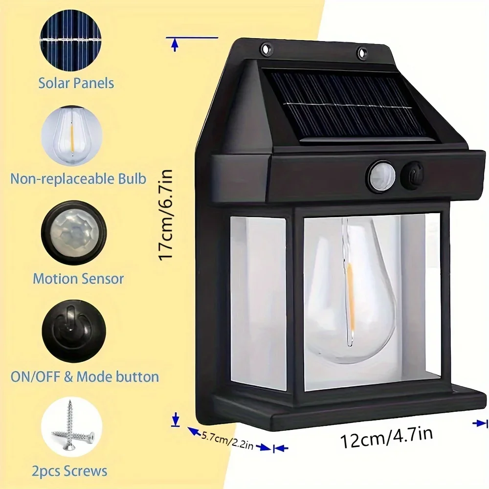 Colector Solar para exteriores, resistente al agua, con Sensor de movimiento, 3 modos de iluminación, lámpara LED de jardín de tungsteno para iluminación de Villa, Patio, hogar