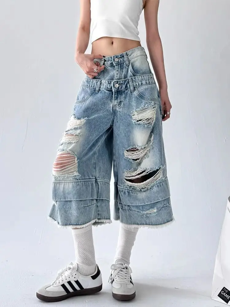 Retro American Washed Ripped Straight Denim Jeans Damen Design Hohe Taille Lose Weite Beinhose Knielange Baggy Jeans