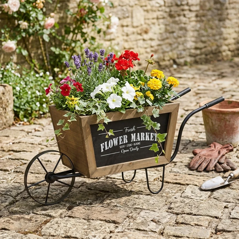 Nostalgic Retro Chic Brown Wooden Unicycle Flowerpot, Made of High-quality Iron with A Black Iron Frame and Sturdy Fir Wood, Durable, Stable and Reliable, Easy To Maintain, Seamlessly Integrated Into Any Living Room, Entrance or Covered Terrace