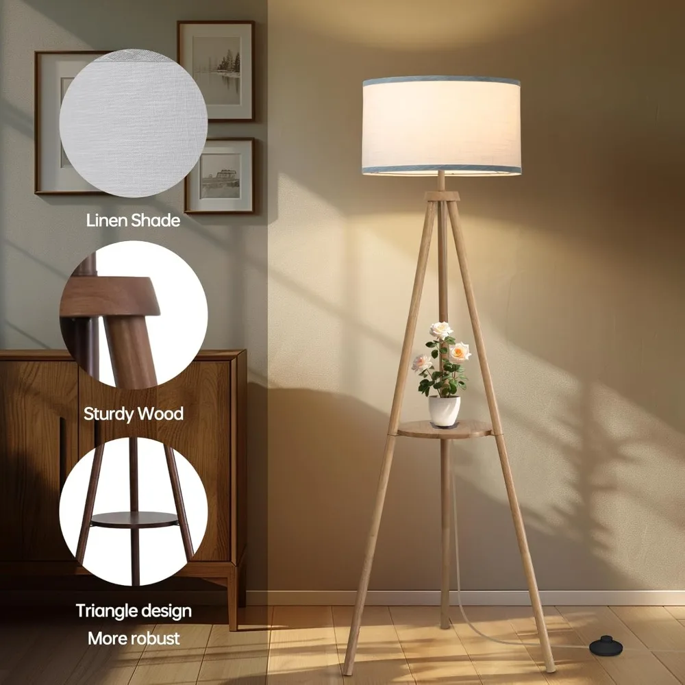 مصباح أرضي مع 3 أوضاع إضاءة قابلة للتعديل - مصباح أرضي ثلاثي القوائم خشبي، مصباح LED حديث مع سطوع خافت، مثالي