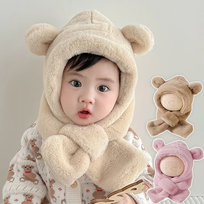 

Winter Baby Outdoor Velvet Hats One-piece Imitation Fur Ear Hat Hooded Scarf Warm Collar Ear Hat Girl Boy Windproof Baby Hats