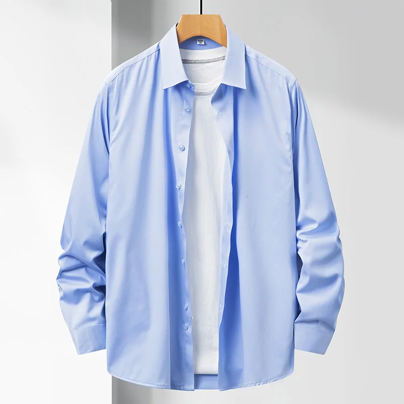 

38-50 size no-iron business casual men's long-sleeved shirt, bamboo fiber no-pocket large size solid color shirt