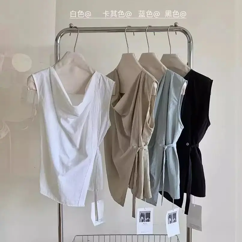 

Korean lazy style sway collar sleeveless vest 2024 summer new slim fit pleated top