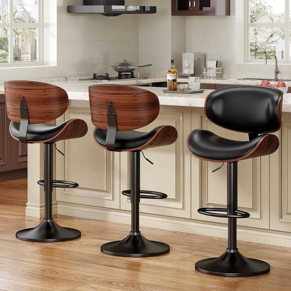 

Set of 3 Adjustable Height Swivel Bar Stools with PU Leather Upholstery, Backrest, and Footrest for Kitchen or Dining Area, Blac