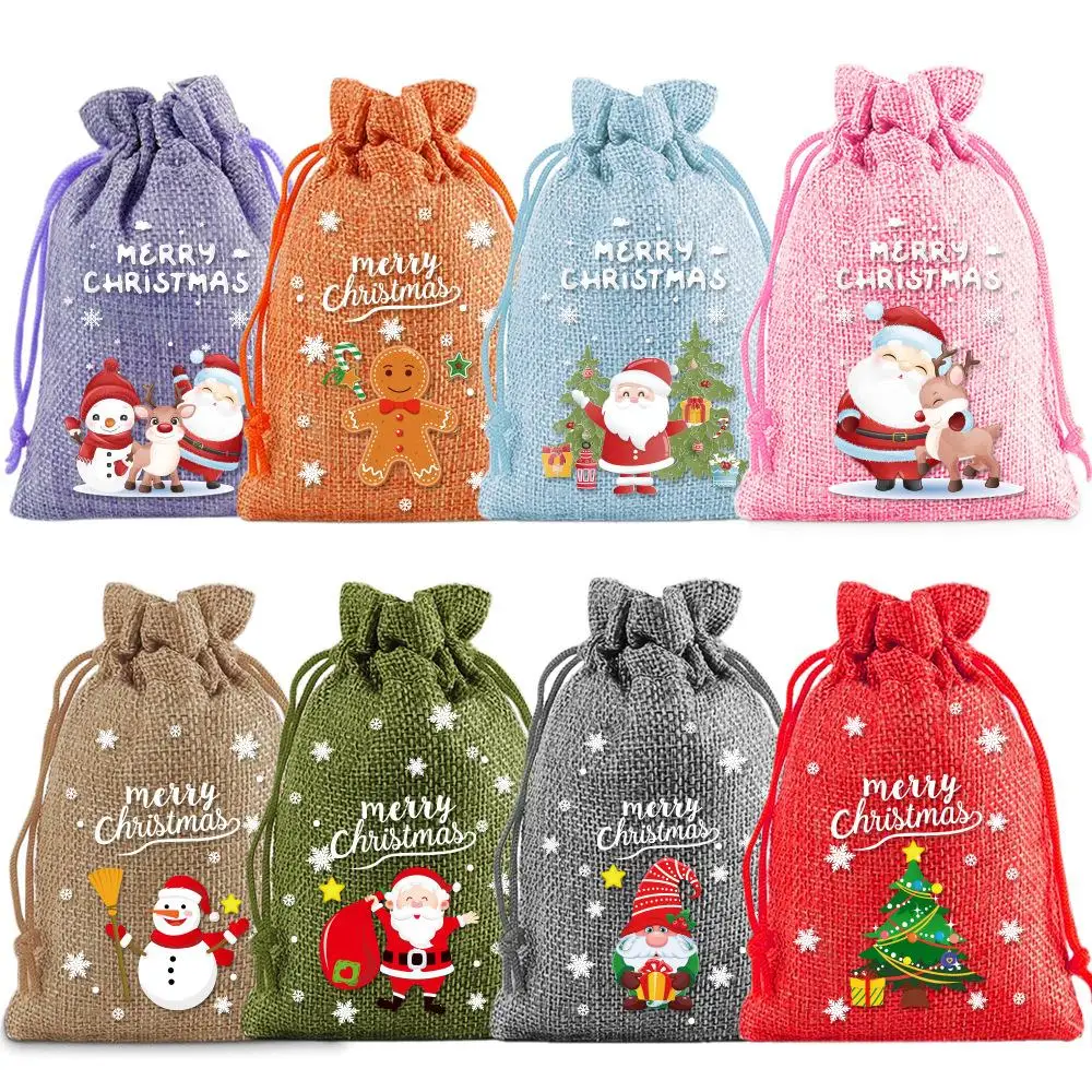 15-teiliges Set, 13 x 18 cm, neue Weihnachts-Geschenktüten aus Leinen mit Kordelzug, Schmuck-Geschenktüten, Party-Geschenkbeutel mit Kordelzug in zufälligen Mustern