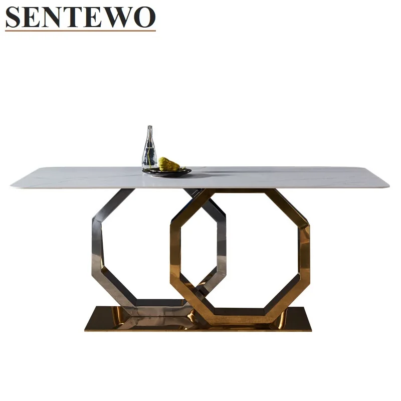 SENTEWO Luxury Marble Dining Table With 8 Dinning Chairs Metal Titanium Glaze Golden Frame Dinner Tables Chair Set Basse Marbre