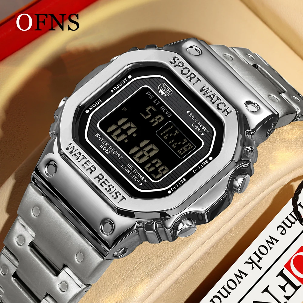 

OFNS Top 2162 Electronic Watch Square Multi functional Waterproof Fashion Night Light Steel Men's Electronic Digital Watch 2024