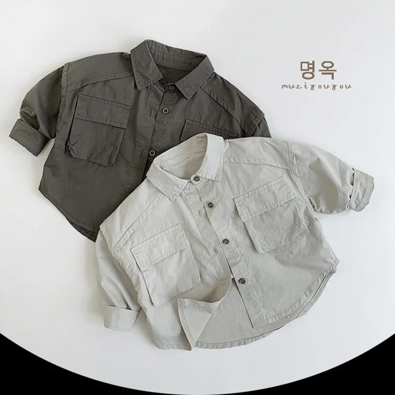 2026 New Spring Children Casual Fashion Clothes 1-6Yrs Baby Boys Girls Loose Coat Long Sleeved Cotton Solid Color Cardigan Shirt