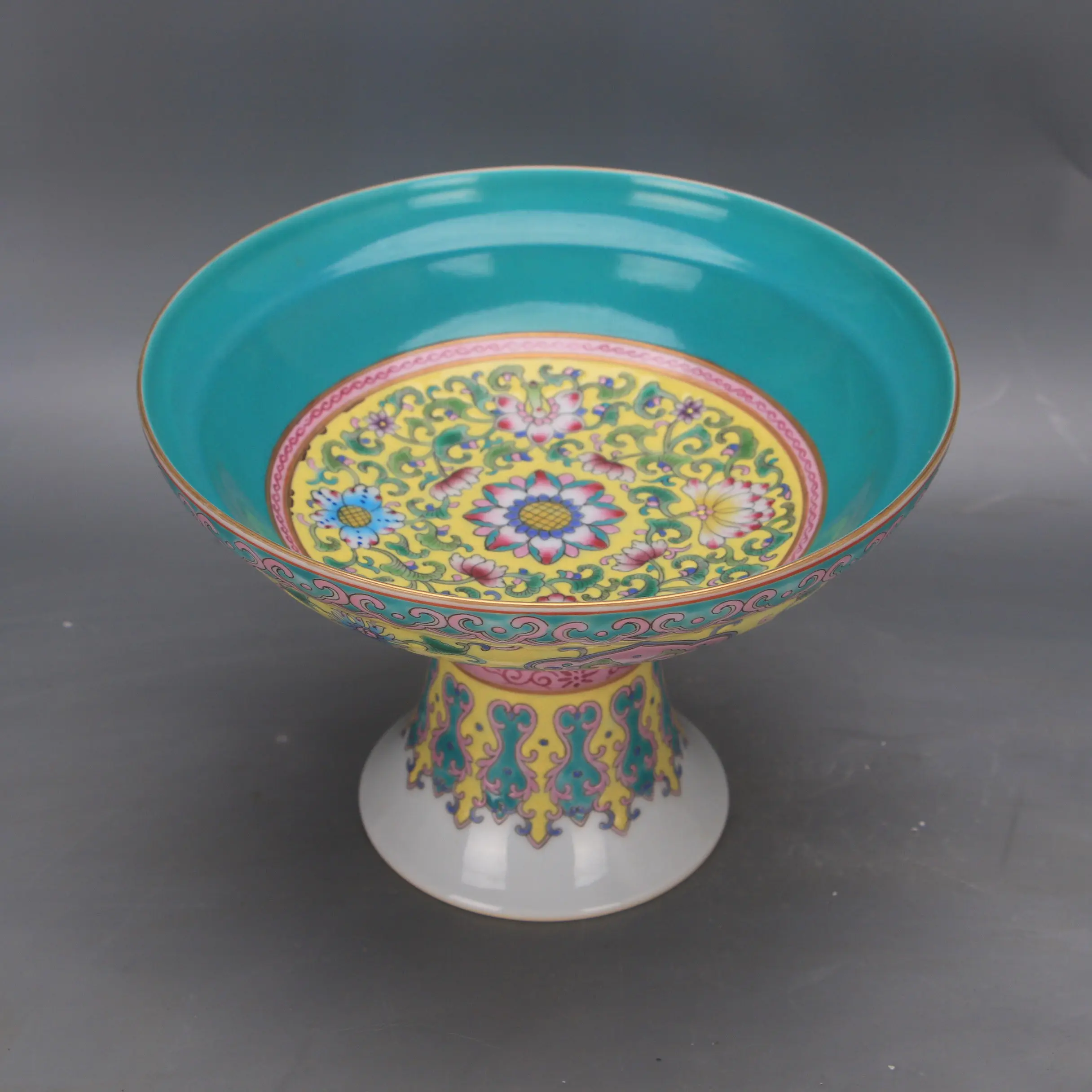 Famille Rose Porcelain High Foot Fruit Plate Yongzheng Style Replica Heavy Gold Hand Painted Home Decor Collectible