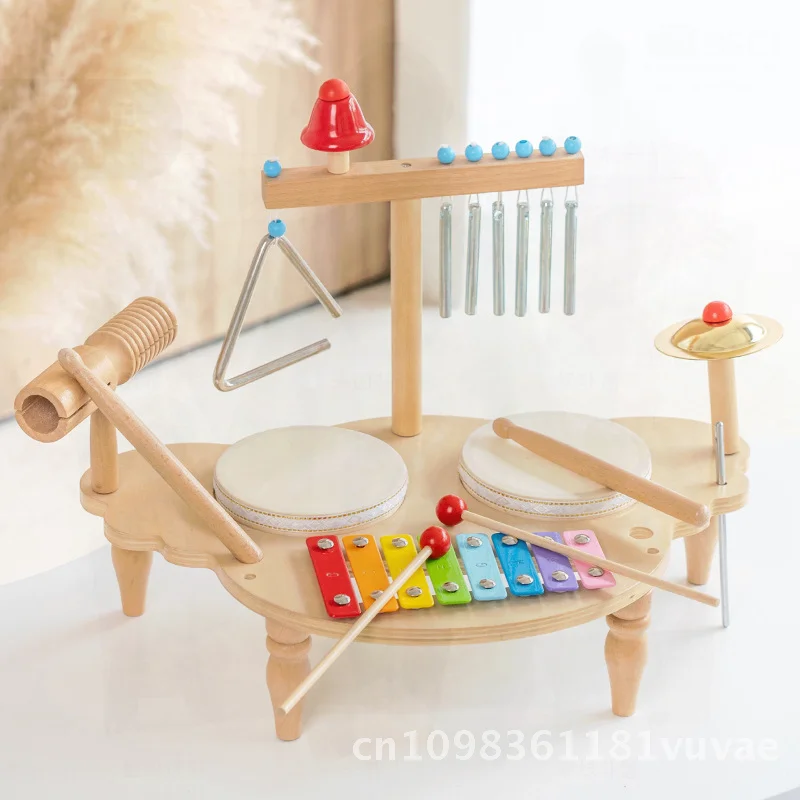 Children's Wooden Multifunctional Percussion Instrument Drumming Gong Baby Hand Drum Educational Toy for Music Learning And