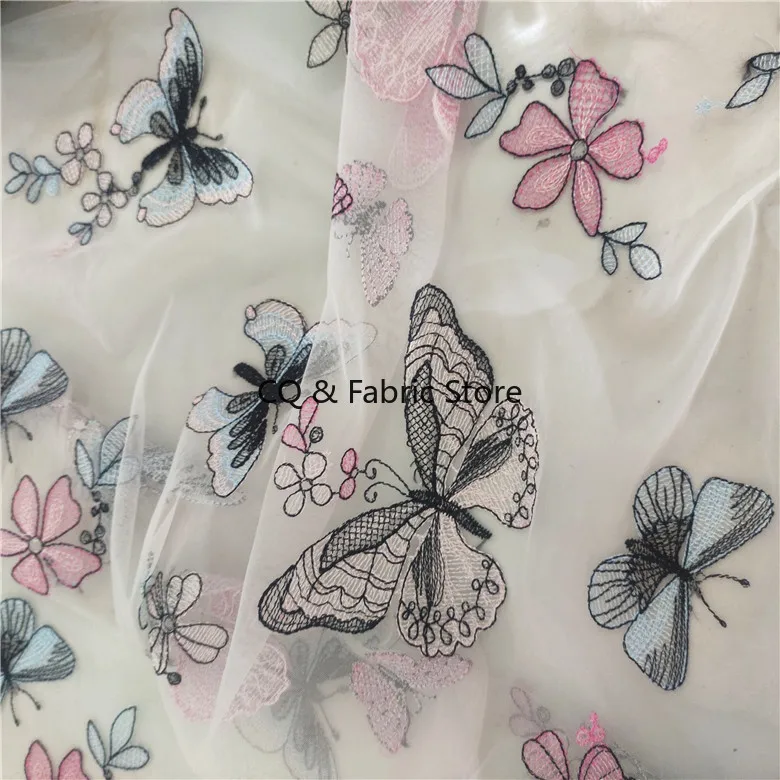 New Mesh Color Flat Embroidered Butterfly Lace Fabric For Women's Skirt Baby Doll Accessories DIY Fabric,By The Meter