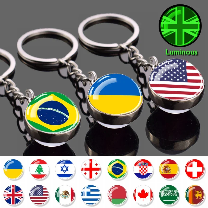 Esspoc Fashion Flag Keychain USA UK Ukraine Spain Brazil Belarus Glass Dome Key Chain Keyrings Glow in the Dark Patriot Gift