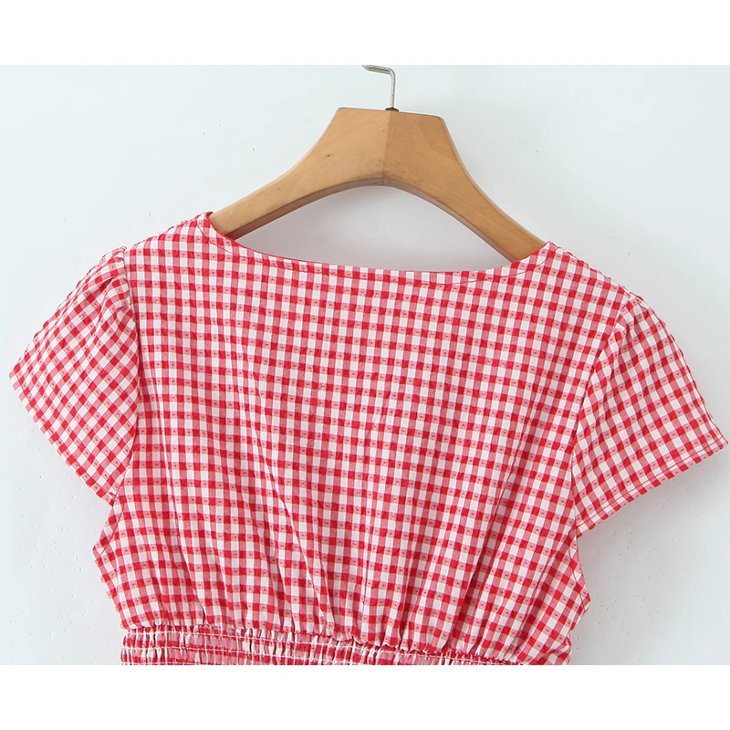 Letnie sukienki damskie w kratę z krótkim rękawem i dekoltem w serek na lato 2025, eleganckie, codzienne, mini, w kształcie litery A.