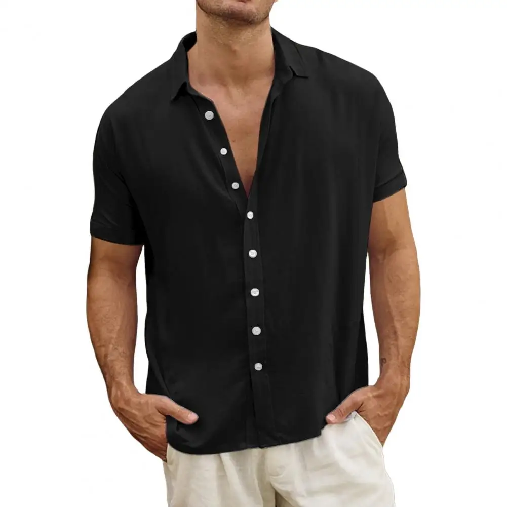 Camisa de lapela de peito único masculina, camisa elegante, gola virada para baixo, manga curta, cor pura, cardigã formal