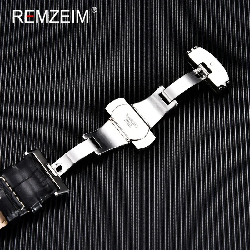 REMZEIM 18 20 22 24mm Genuine Calfskin Leather Watchband Straps with Solid Automatic Butterfly Buckle Business Casual Watch Band