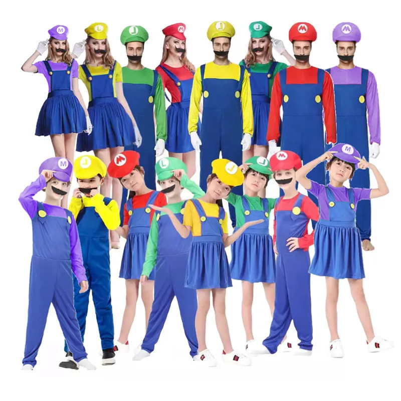 Anime 4 Colors Super Luigi Brothers Cosplay Adult Men and Women Boys Girls Jumpsuit Beard Hat Set Halloween Costume Props