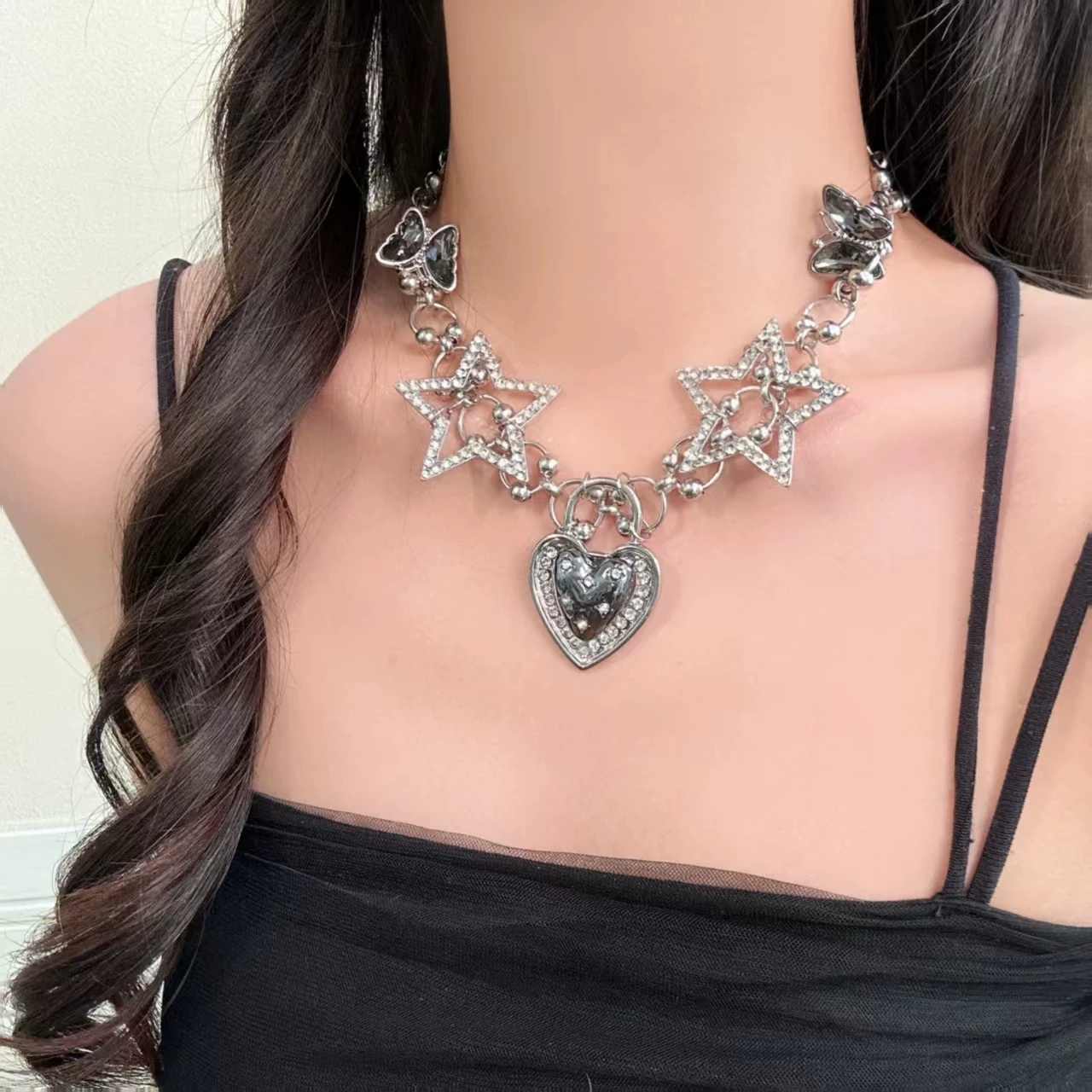 Goth Vintage Stern-Herz-Anhänger Choker-Halskette für Damen und Herren, Y2K-Charm, personalisierter Punk-Hip-Hop-Rock-Halsschmuck, Accessoires – Detail 1