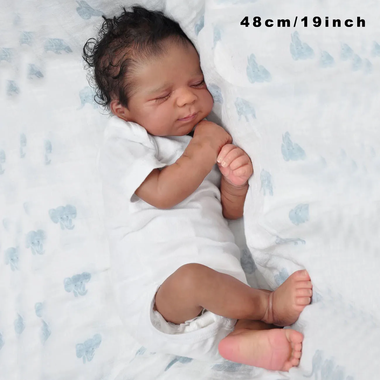 19 Inch 48CM Lifelike Sleeping Reborn Baby Doll Dark Skin Curly Black Hair Closed Eyes White Onesie Realistic Newborn Doll Kids Play Toy Birthday Christmas Gift