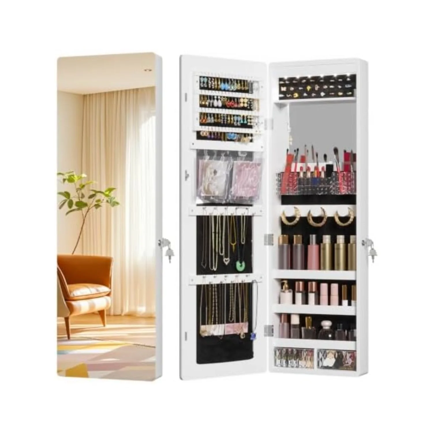 Over the Door Jewelry Organizer with Mirror Door Mirror with Storage | Jewelry Mirror Cabinet with Large Capacity, 6
